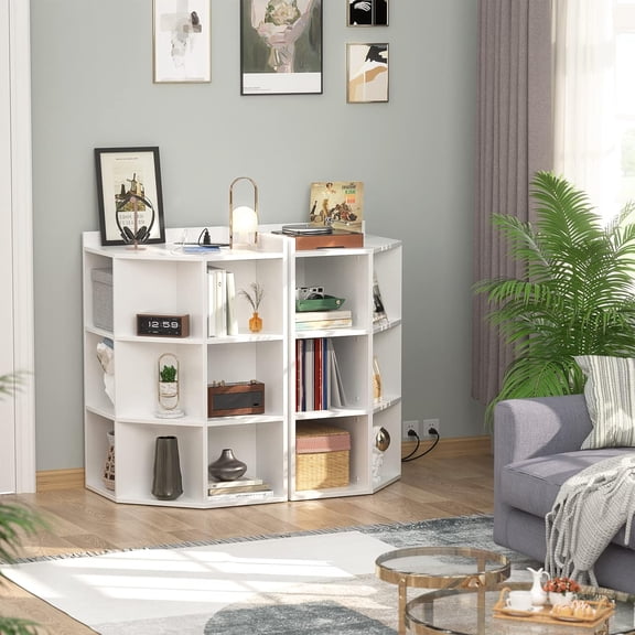 Corner Cabinet with USB Ports and Outlets, Wooden Cubby Bookshelf with 9 Cubes for Bedroom, Living Room, Office, White