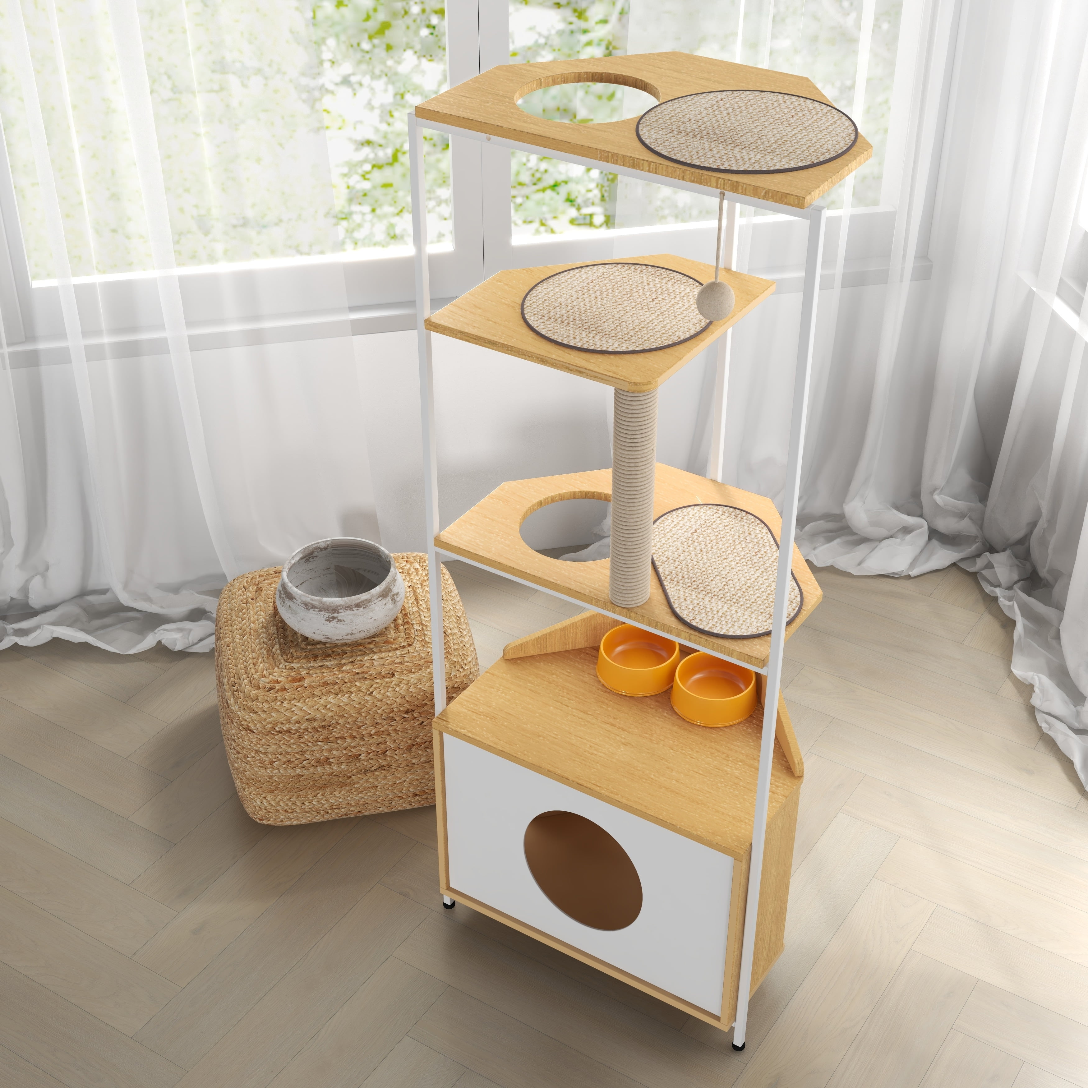 Tall Light Oak and White Corner Cat Tower with Scratching Post