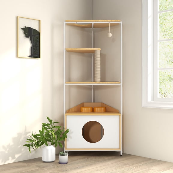 Corner Cat Tower for Indoor Cats, Multi-Functional Cat Tree with Scratching Post, Cat Condo, Feeding Station and Climbing Platforms, Space-Saving Corner Pet Furniture