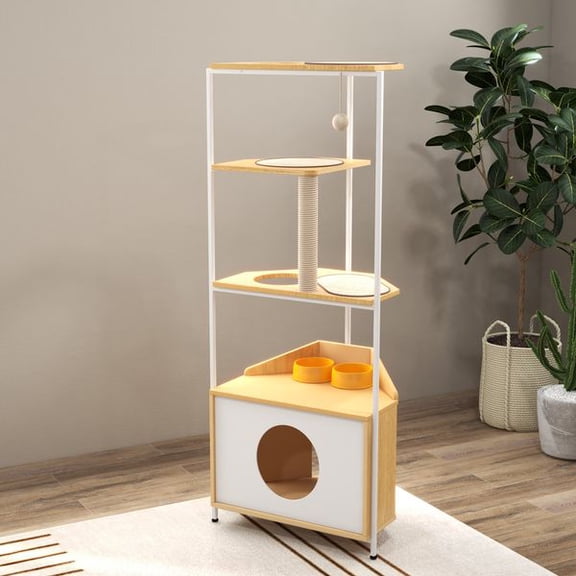 Corner Cat Tower Tree with Scratching Posts, Multi-Level Climbing Platforms, Cozy Cat Condo, Elevated Feeding Station, Space Saving Indoor Cat Activity Center, White and Light Oak