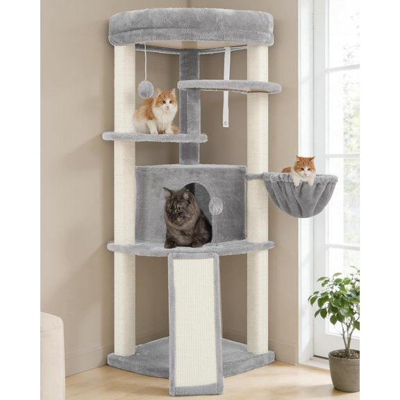 Corner Cat Tree for Indoor Cats, Cat Tower with All Sisal Scratching Posts, Multi-Level Cat Condo wth Cat Cave, Large Top Perch, Hanging Basket, Sisal Ramp, Light Gray GCT025W