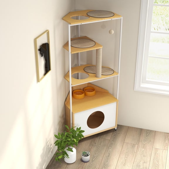 Corner Cat Tree Tower with Litter Box Enclosure, Multi-Level Cat Condo Furniture with Scratching Post and Feeding Station, Space-Saving Climbing Platform for Indoor Cats, White Light Oak