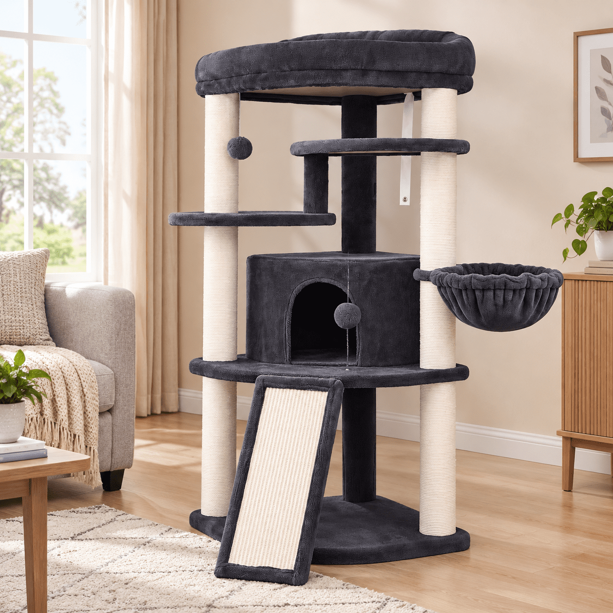 Corner Cat Tree Tower, Smoky Gray, 44.1 Inch Tall, Sisal-Covered Posts ...