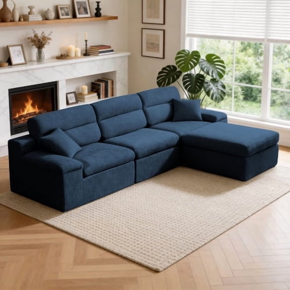 Corner Chaise Sofa, Modern L-Shaped Couch with High Backrest and Slub Chenille Fabric, Space-Saving No-Assembly Sofa for Living Room Apartment, Dark Blue