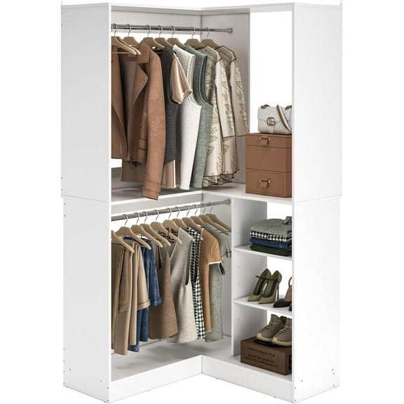 Corner Closet System, 36 Inch Large Freestanding Closet Organizer System with 2 Hanging Rods and Storage Shelves, Sturdy Walk in Closet Tower, 36