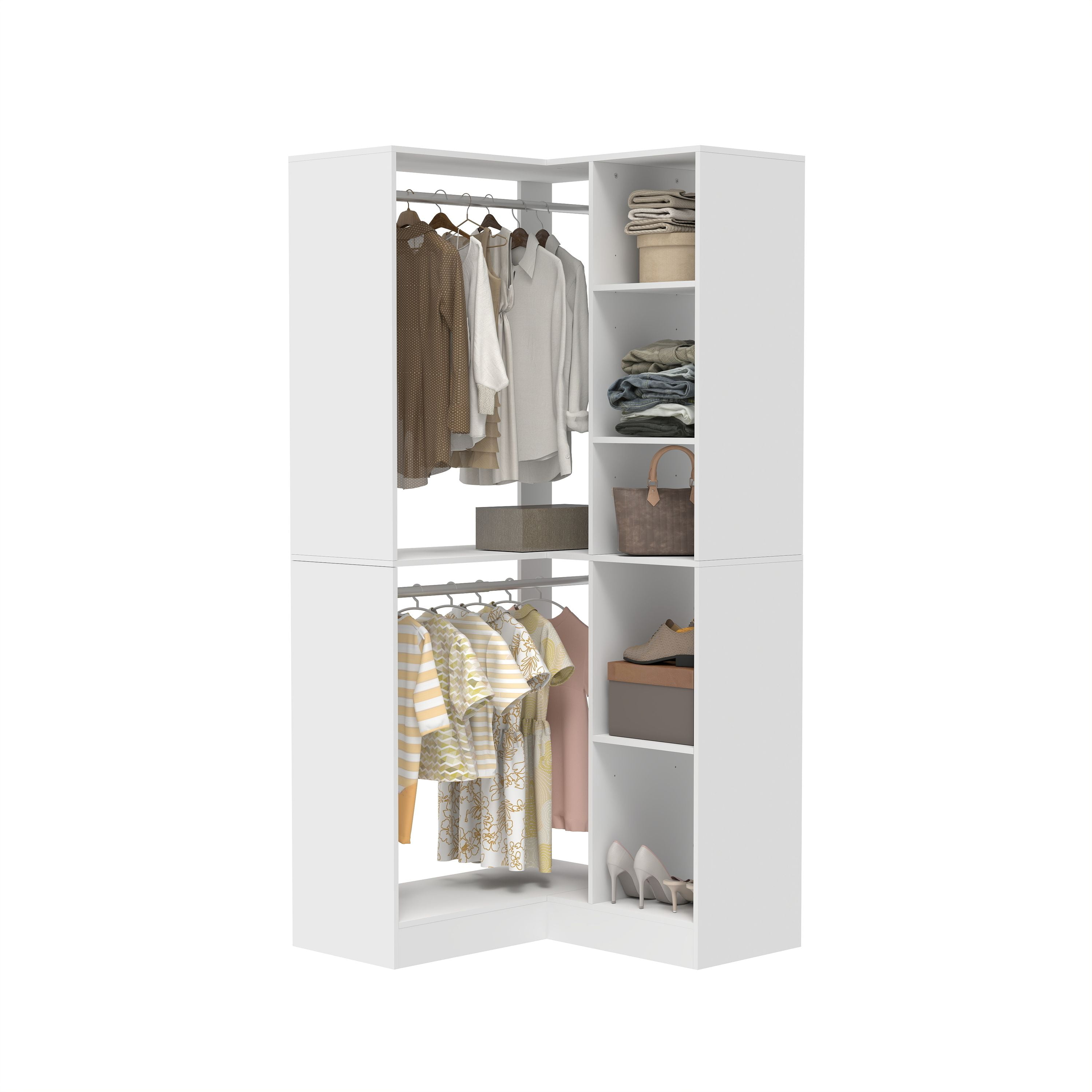 L Shaped Rack Corner Closet System with Shelves, 2 Drawers & 2 Hanging Rods, L-Shaped ...