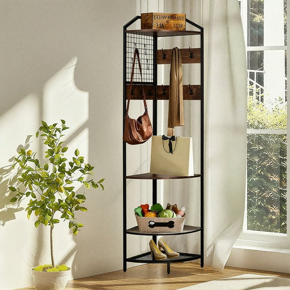 Corner Coat Rack with Bench & Shoe Storage, 4-Tier Hall Tree Organizer with 14 Metal Hooks and Clothes Rod, Freestanding Entryway Rack for Hallway, Bedroom, Living Room