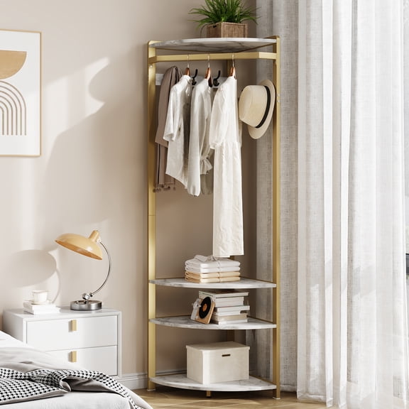 Corner Coat Rack - Coat Rack Stand with 6 Double Hooks & 3 Shoe Storage Shelves, Freestanding Column Stand for Bedroom, Hallway, Closet - Gold & Marble White