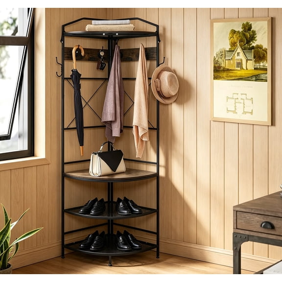 Corner Coat Rack, Multifunctional Entryway Corner Shoe Rack with 8 Metal Double Hooks and Storage Shelf, Freestanding Corner Hall Tree Stand for Living Room, Office, Rustic Brown