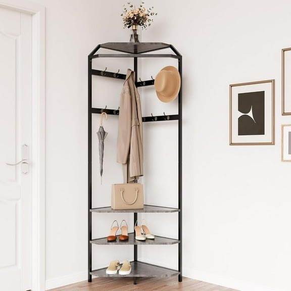 Corner Coat Rack with Shoe Bench Entryway and 12 Double Hooks, Corner Hall Tree - Corner Clothes Rack with Storage Corner Tree with Organizer Shoe Bench Shelf for Entryway, Hallway, Closet