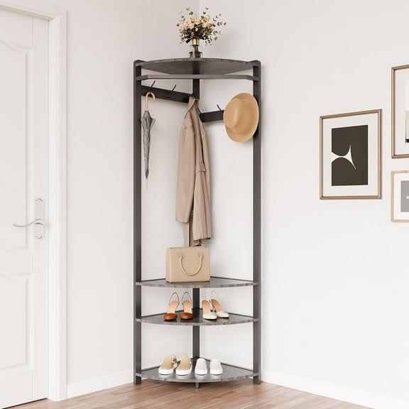 Corner Coat Rack with Shoe Bench, Entryway and 6 Double Hooks, Corner Hall Tree Clothes Rack with Storage, Shoe Bench Shelf for Entryway, Hallway, Closet