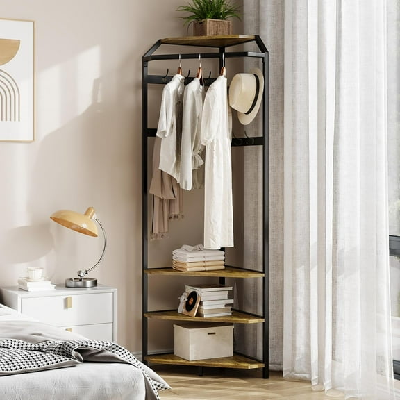 Corner Coat Rack with Shoe Bench, Vintage Hall Tree with 6 Double Hooks, Entryway Storage Bench with Shelf, Wooden Hanger Stand for Jackets Hats and Shoes