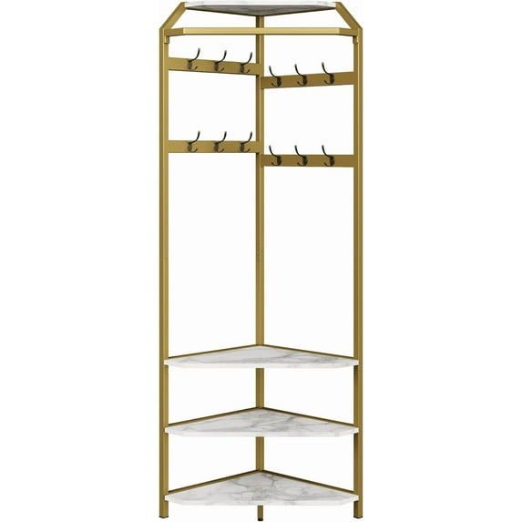 Corner Coat Rack with Shoe Bench, Vintage Hall Tree with 6 Double Hooks, Entryway Storage Bench with Shelf, Wooden Hanger Stand for Jackets Hats and Shoes