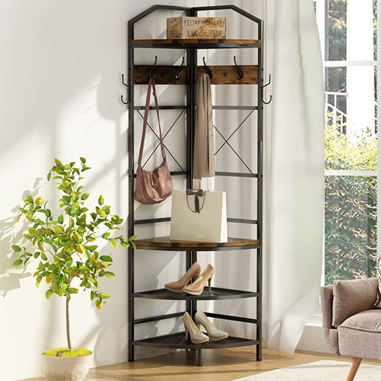 4-Tier Corner Coat Rack with Shoe Storage, Entryway Hall Tree with ...