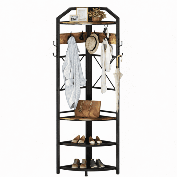 Corner Coat Rack with Storage, Entryway Hall Tree with Shoe Rack and Hooks, Freestanding Clothes Rack Corner Shelf Organizer for Small Space, Rustic Brown