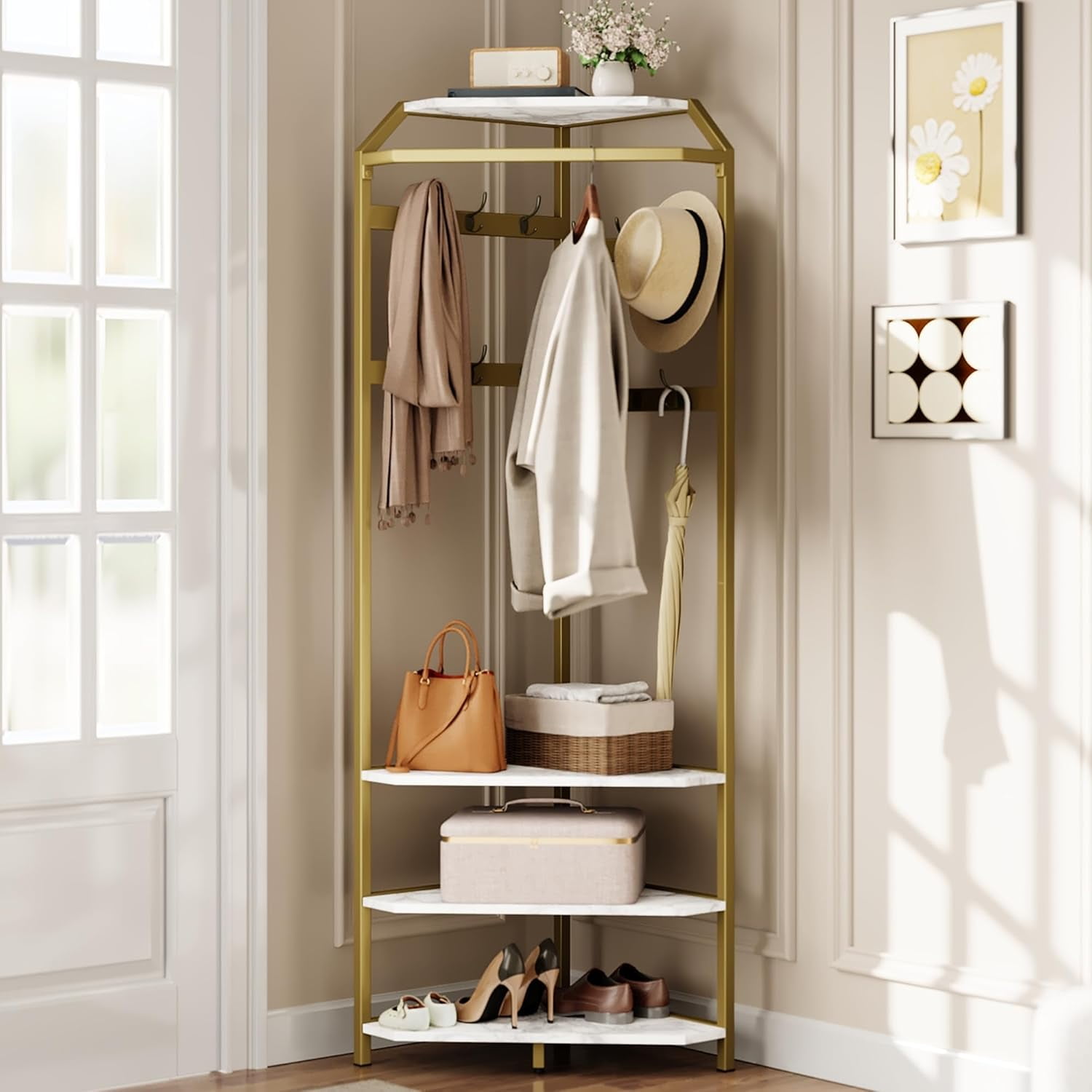 Corner Coat Rack With Shoe Bench Entryway, Corner Hall Tree With
