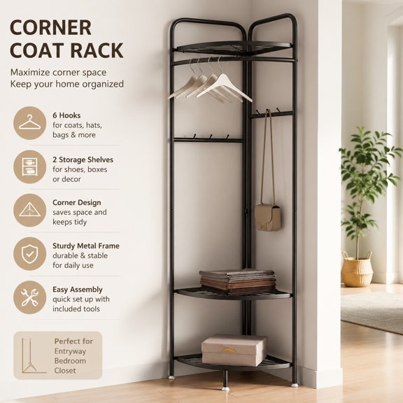 Corner Coat Rack with 6 Hooks and Storage Shelf, Metal Corner Clothing Rack, Entryway and Bedroom Coat Stand Organizer