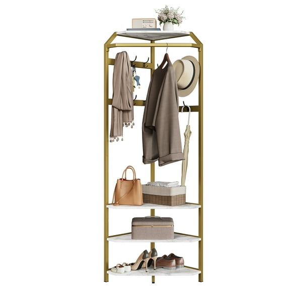 Corner Coat Rack with Shoe Bench – Space-Saving Entryway Hall Tree, 6 Double Hooks & Storage Shelf (20" x 20" x 71")