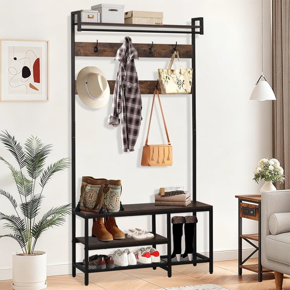 Coat Rack with Shoe Storage, Hall Tree with Bench, Shoes Shelf Organizer and Coat Rack for Entryway, Freestanding Clothes Rack