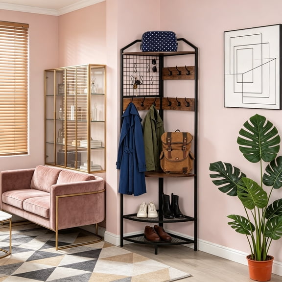 Corner Coat Rack with Shoe Storage, Hall Tree with Bench and Shoe Storage, Freestanding Shelves with 14 Hooks for Entryway, Hallway, Bedroom, Corner
