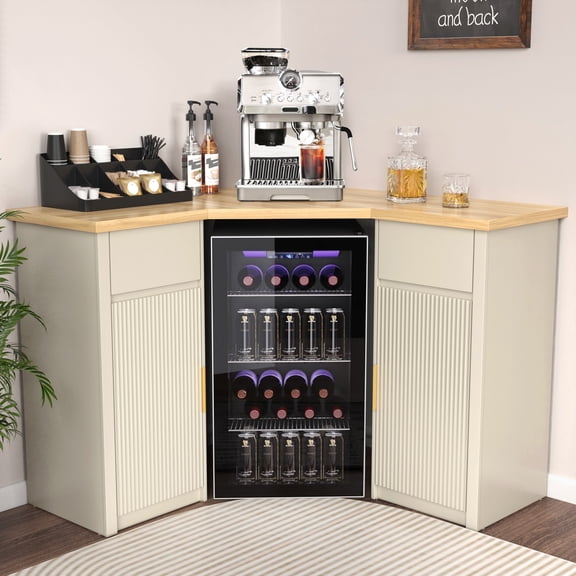Corner Coffee Bar with Fridge Space, L Shaped Liquor Cabinet, Ivory