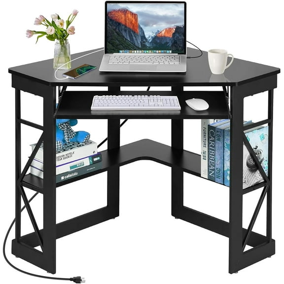 Corner Computer Desk 41x30 inches with Charging Station & Keyboard & Storage Shelves for Small Space,Triangle Table for Home Office Bedroom,Black