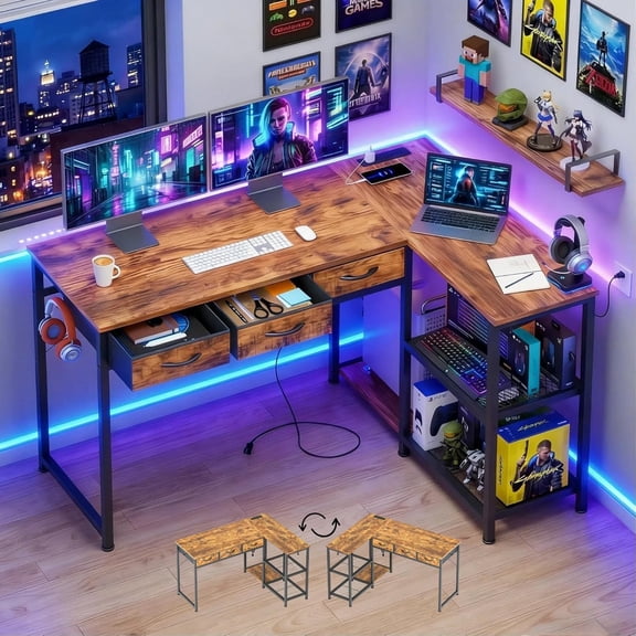 Corner Computer Desk, 53 Inch L Shaped Office Desk with Power Outlets, Drawers, Reversible Storage Shelves, CPU Stand and Hooks for Living Room, Home Office, Study, Gaming(Rustic Brown)