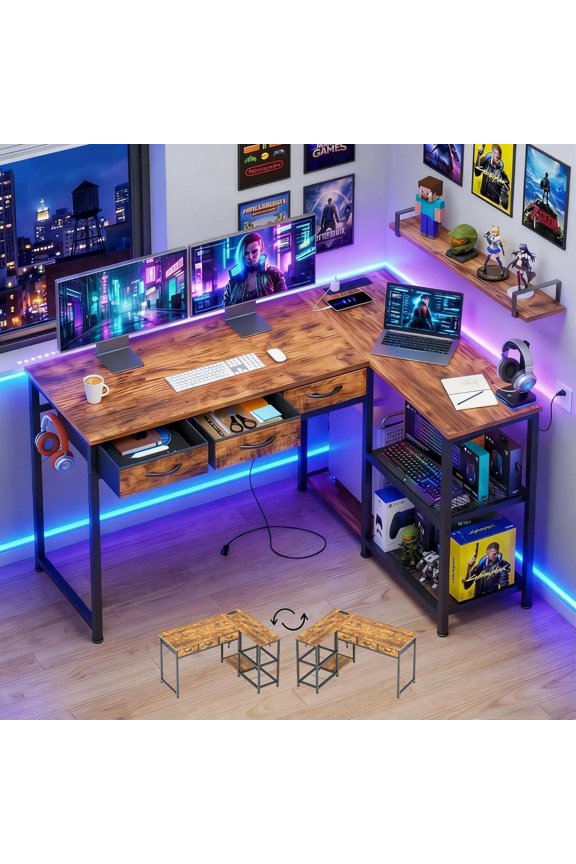 Corner Computer Desk, 53 Inch L Shaped Office Desk with Power Outlets, Drawers, Reversible Storage Shelves, CPU Stand and Hooks for Living Room, Home Office, Study, Gaming(Rustic Brown)