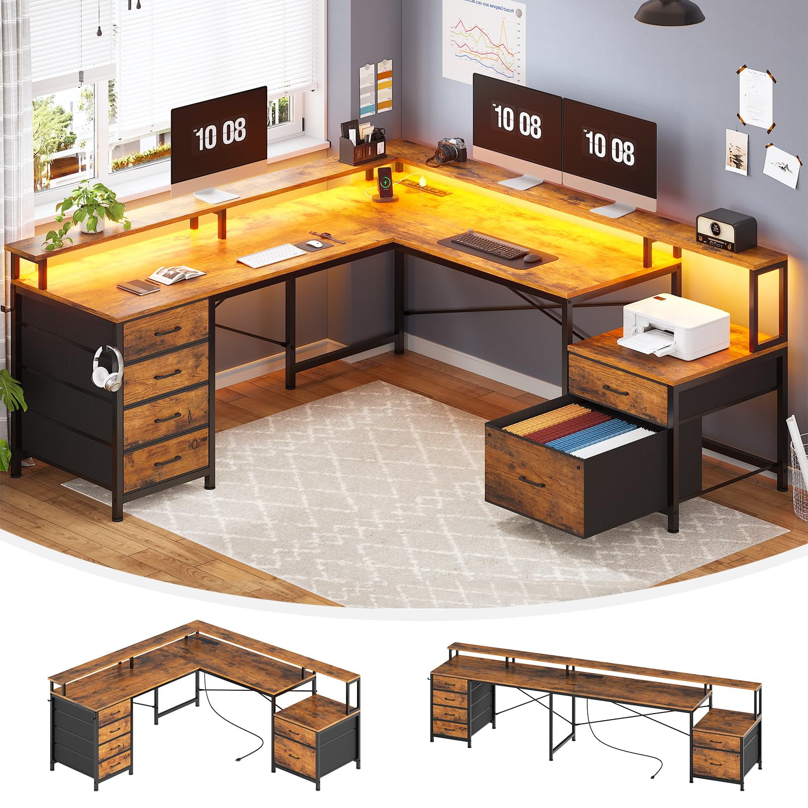 Corner Computer Desk with Led Lights and Monitor Shelf, Two Person Desk, L Shaped Desk with 6 Drawer, 108" Home Office Desk with File Drawer & Power Outlet, Rustic Brown
