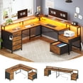 thumbnail image 1 of Corner Computer Desk with Led Lights and Monitor Shelf, Two Person Desk, L Shaped Desk with 6 Drawer, 108" Home Office Desk with File Drawer & Power Outlet, Rustic Brown, 1 of 9