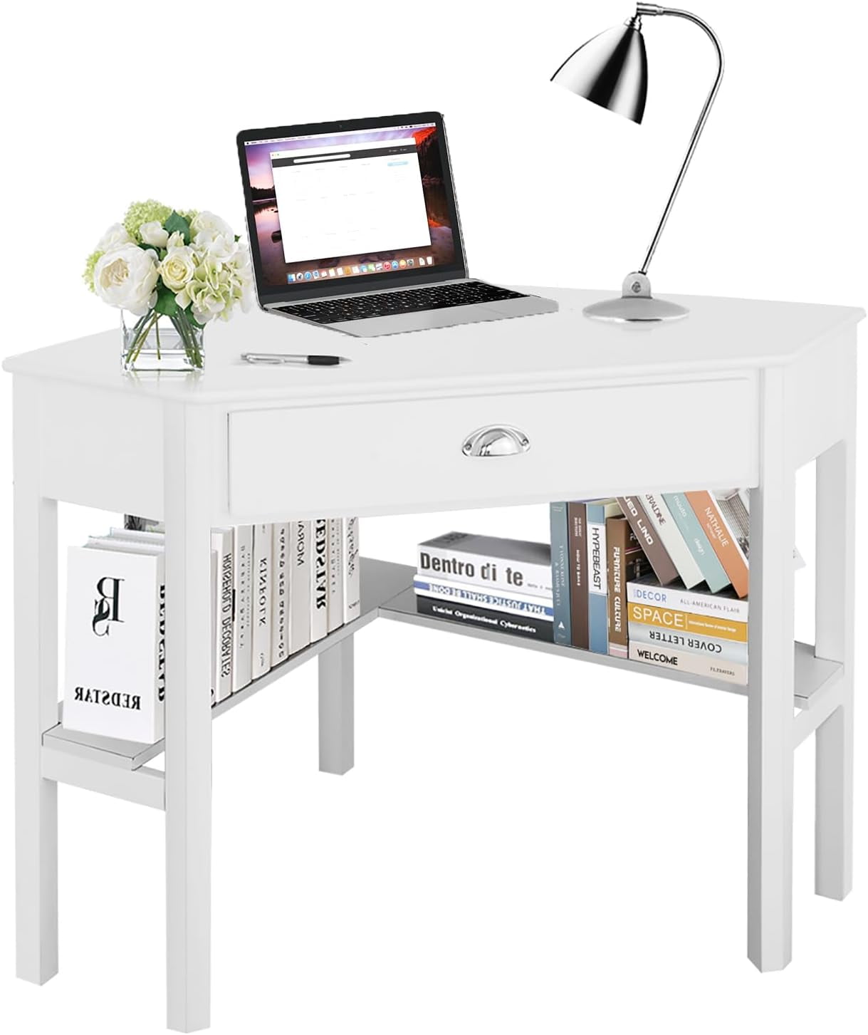 Corner Computer Desk SpaceSaving Corner with Drawer & Shelves Home