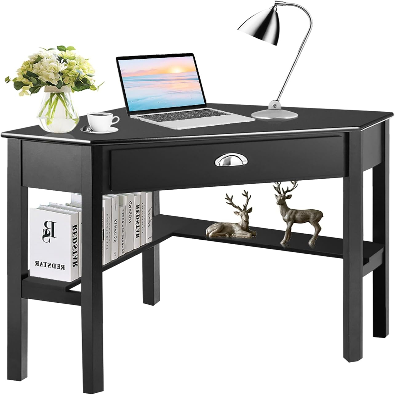 Corner Computer Desk SpaceSaving Corner with Drawer & Shelves Office