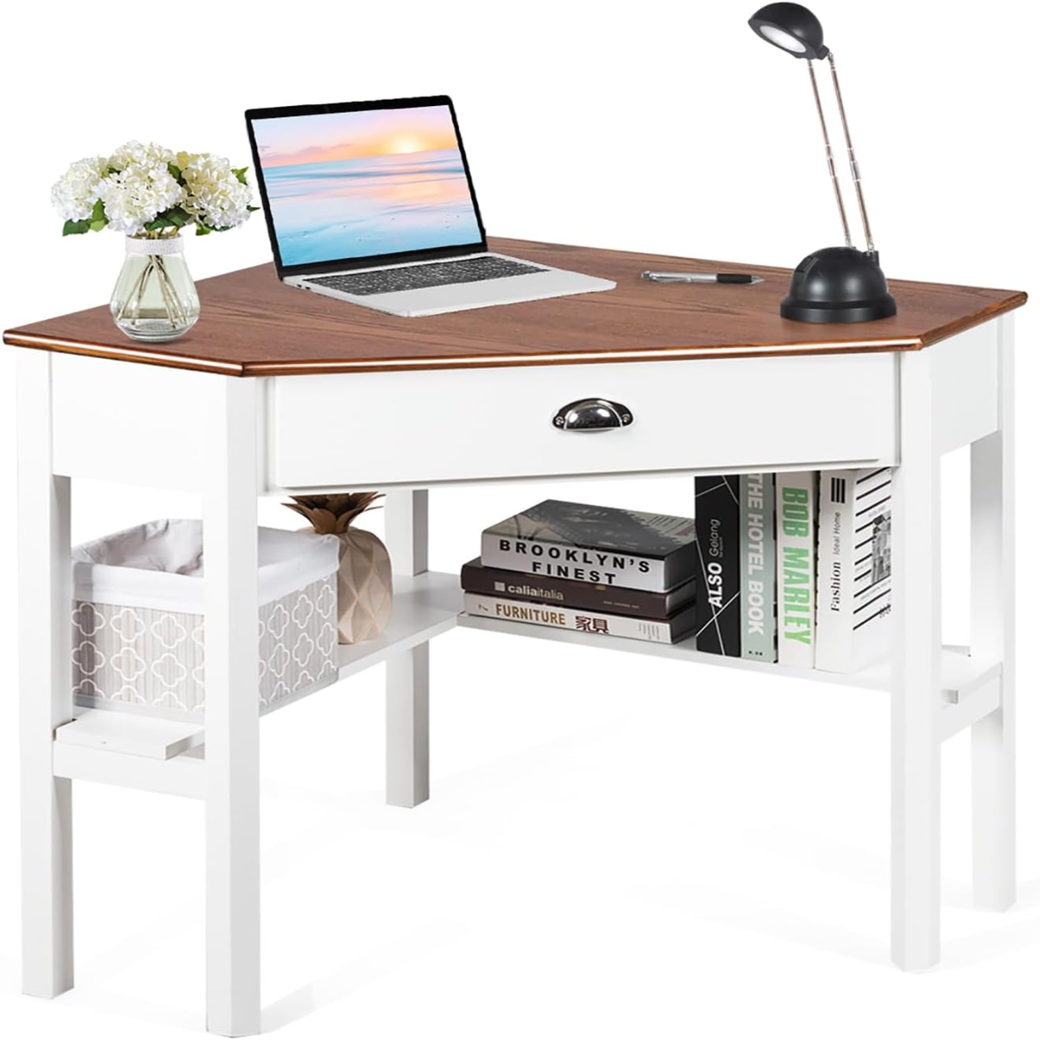 Corner Computer Desk SpaceSaving Corner with Drawer & Shelves Office