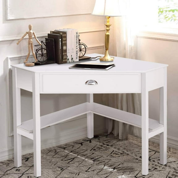 Corner Computer Desk Triangle with Drawer and Shelves Stable Laptop PC Table Home Office Writing Desk Study Workstation Desk (White)