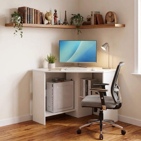 Corner Computer Desk with Charging Station, Triangle Writing Workstation with Storage Shelf for Home Office,White