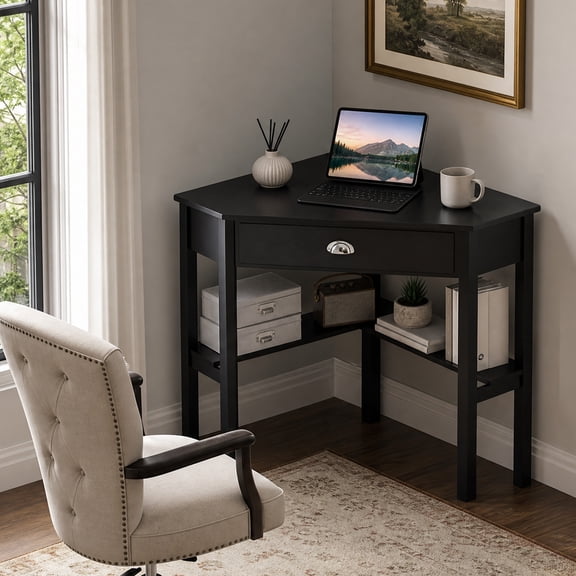 Corner Computer Desk with Drawer, Space-Saving Triangle Home Office Desk Study Workstation,Black