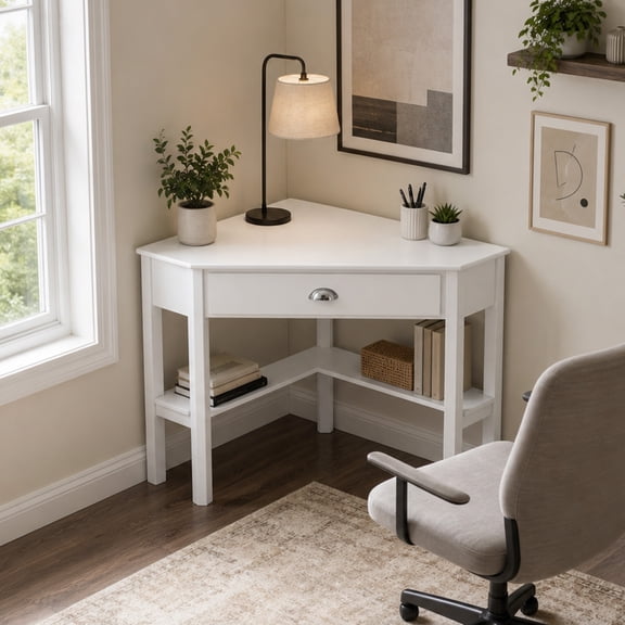 Corner Computer Desk with Drawer, Space-Saving Triangle Home Office Desk Study Workstation,White