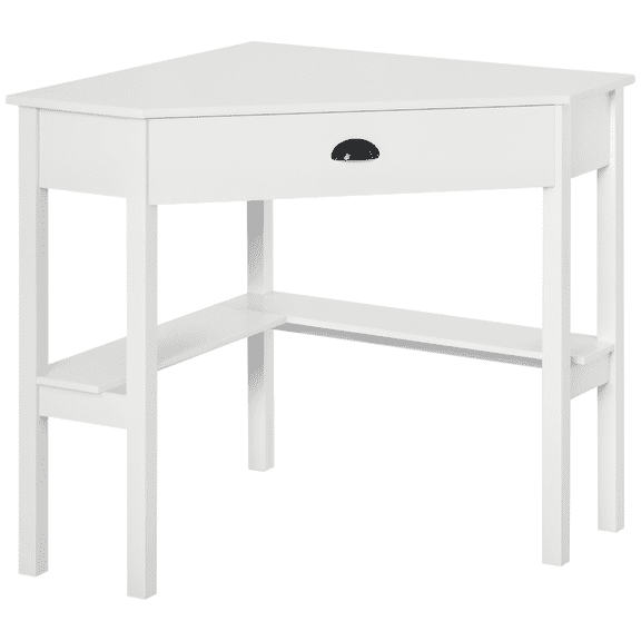 Corner Computer Desk with Drawer and 2 Storage Shelves, Triangle Space-Saving Home Office Workstation, Engineered Wood Top, White