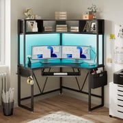 SEDETA Corner Computer Desk with Hutch, Black Gaming Desk with Keyboard Tray & Hooks, Writing Desk for Small Space