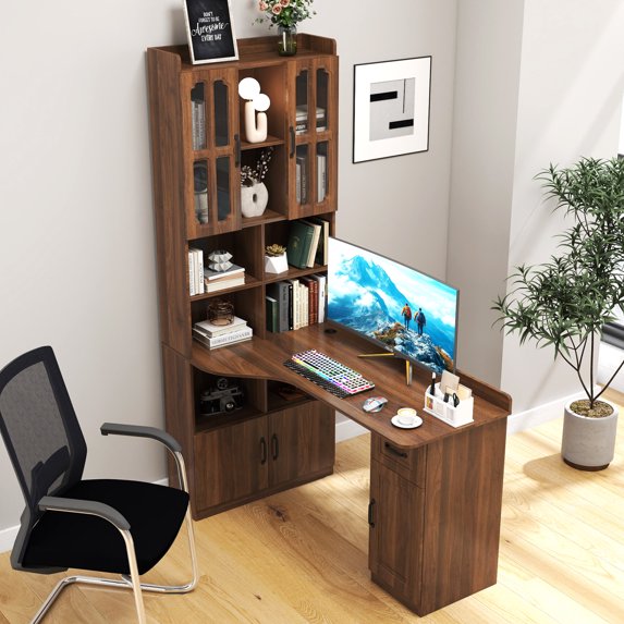 Corner Computer Desk with Hutch and Drawers, 2-in-1 L-Shaped Office Desk with Bookshelf for Work and Study, Walnut