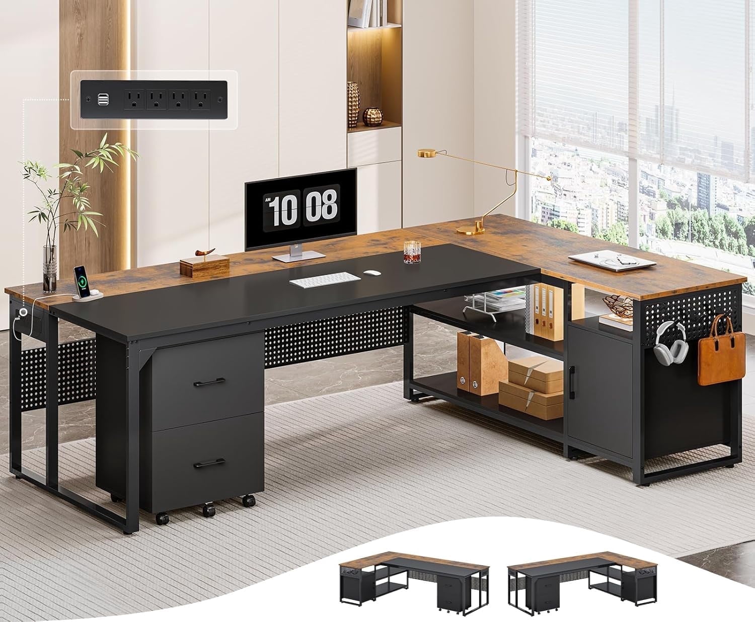 71" L Shaped Executive Desk with Mobile File Cabinet, Reversible Computer Desk with Power Outlets, Large Office Desk for Home Office, Rustic Brown