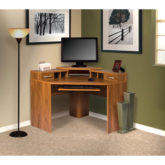Space-Saving Corner Computer Desk with Monitor Platform and PC Shelf ...