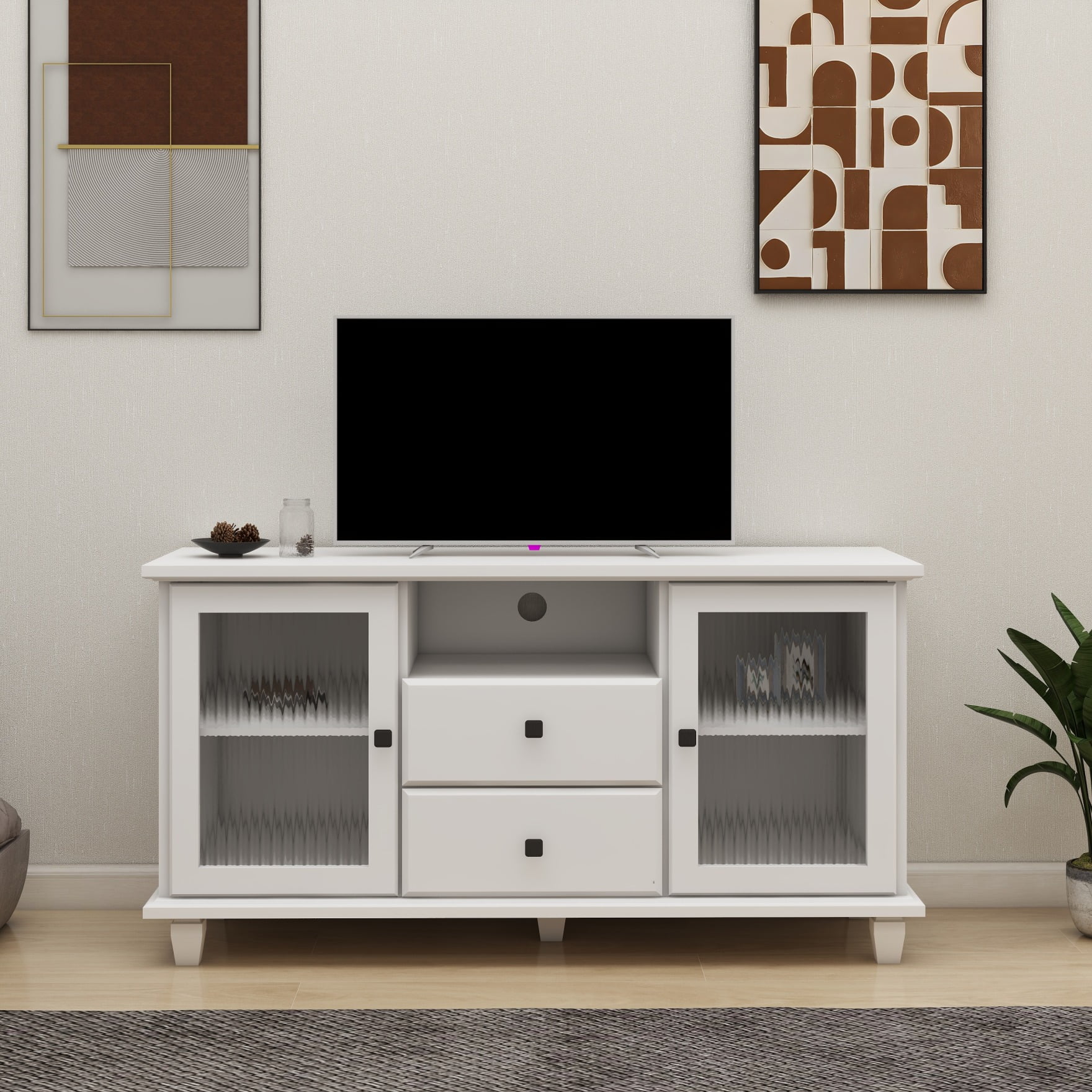 White Corner Console TV Stand, Wood Entertainment Center with 2 Doors ...
