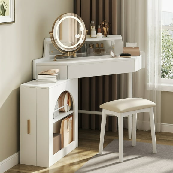 Corner Corner Makeup VaniVanity Desk With Mirror & LED Lights, Modern Vanity Set With Mirror And Stool, Dressing Table With Large Storage For Small Place, Brightness Adjustable Folding Mirror, Walnut