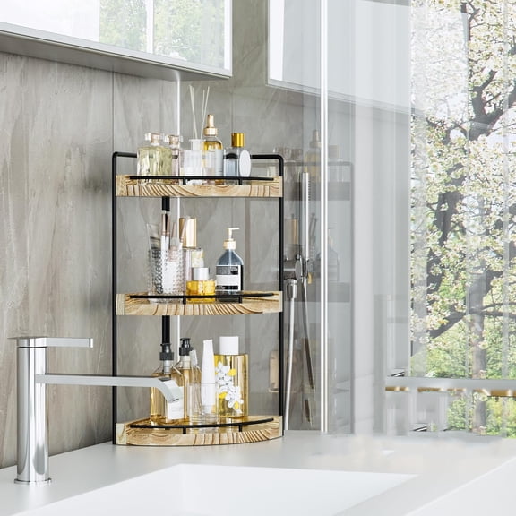 Corner Counter Organizer, 3 Tier Storage Countertop for Skincare, Sink Shelf for Kitchen, Vanity, Dresser, Makeup (Rustic Brown)