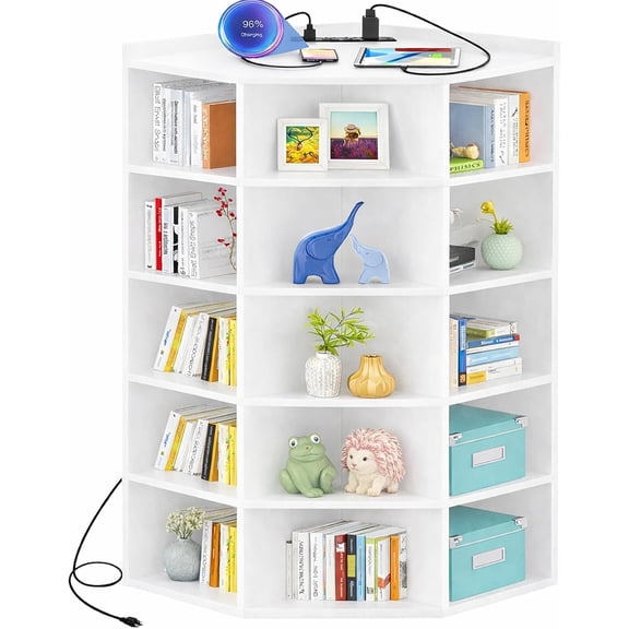 Corner Cube Book Shelf, 6-Tier Corner Cabinet with Power Outlets, Corner Cube Storage Shelf with Top Table, Wooden L Shaped Cubby Bookcase for Home Office, Bedroom, Living Room, White