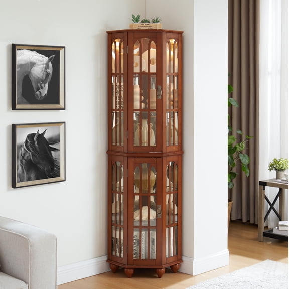 mayceyee Lighted 3-Side Corner Cabinet, 72" Tall Curio Display Cabinet with 4 Adjustable Tempered Glass Shelves, Curved Wood Corner Storage Decoration Rack for Living room & Bedroom Loraine(Walnut)