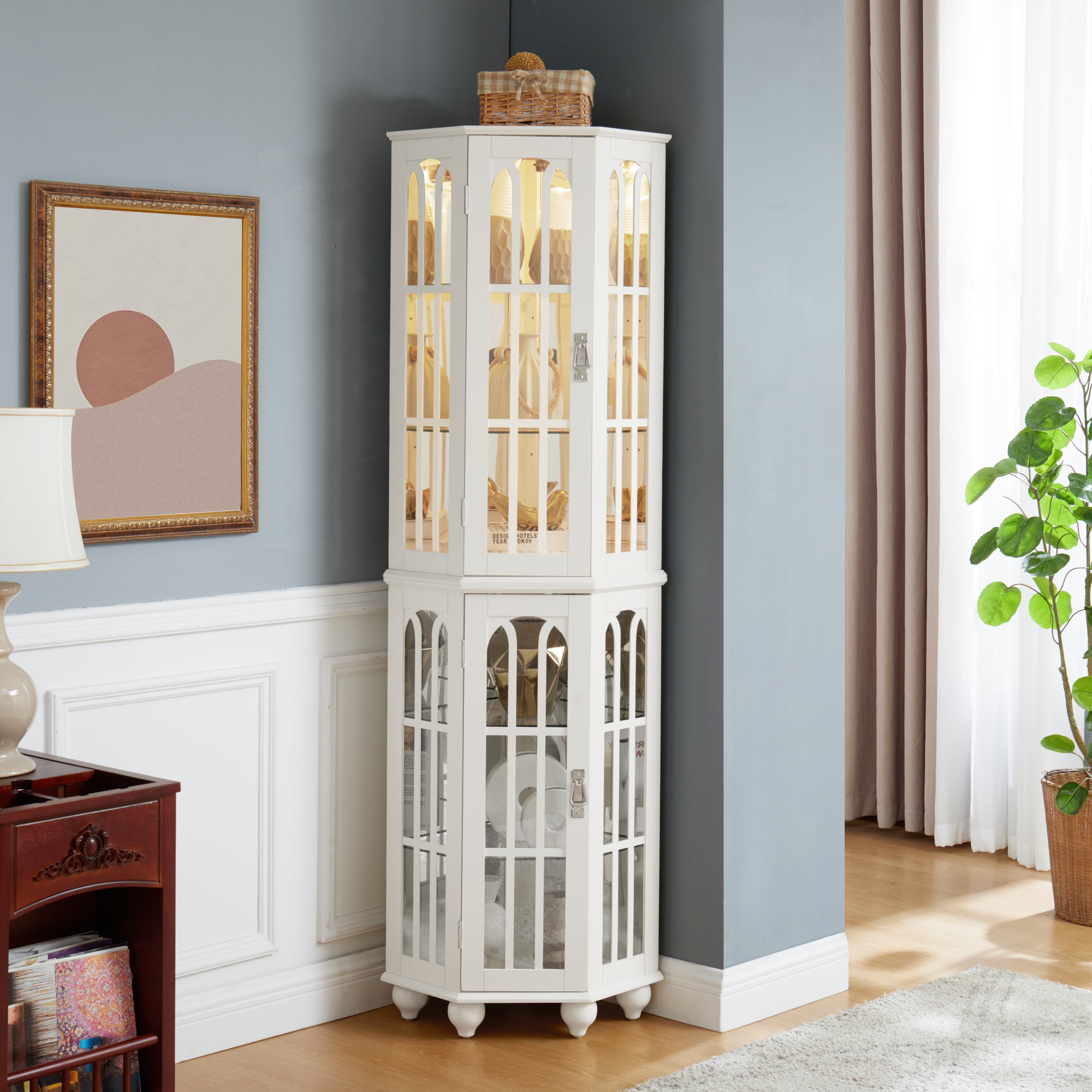 mayceyee Lighted 3-Side Corner Cabinet, 72" Tall Curio Display Cabinet with 4 Adjustable Tempered Glass Shelves, Curved Wood Corner Storage Decoration Rack for Living room & Bedroom Loraine (White)