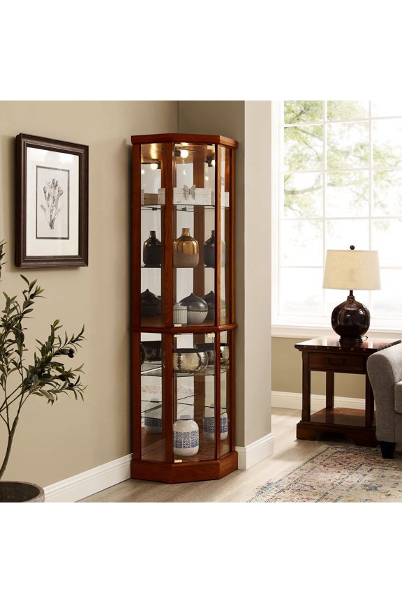 Corner Curio Cabinet with 6 Shelves | Showcases Antiques & China with Interior Light | Constructed from Solid & Composite Wood | Solves Limited Storage Space