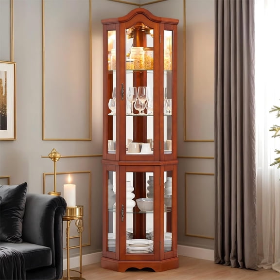 Corner Curio Cabinet, 70.5" H Lighted Glass Display Case with 5 Adjustable Tempered Glass Shelves, Wine Cabinet Rack for Bar and Liquor Storage (E26 Bulb Not Inclued) (Walnut)